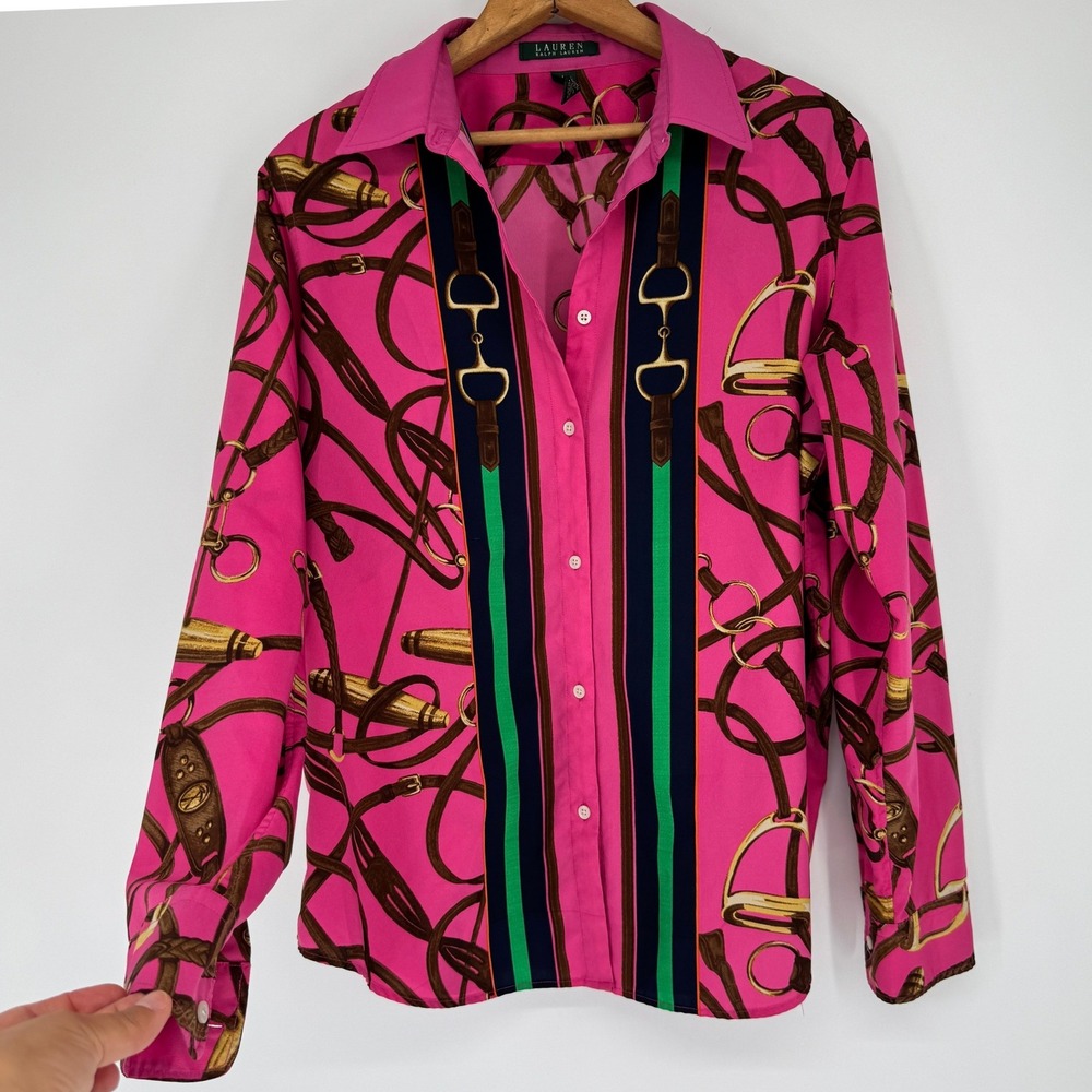 Lauren Ralph Lauren Equestrian Blouse Sz L Pink Horsebit Bridle Old Money Preppy